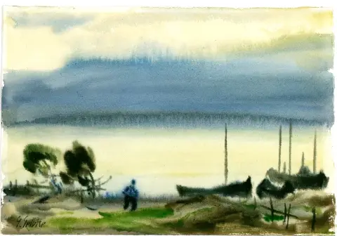 Gelbke, Georg (1882 Rochlitz - 1947 Dresde) – Paysage de rive avec bateaux et personnage