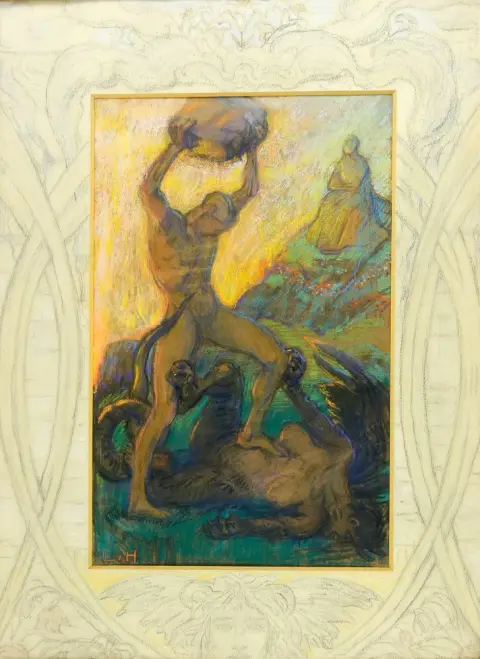 Hofmann, Ludwig von (1861 Darmstadt - 1945 Pillnitz) – Œdipe et le Sphinx (?) Pastel gras coloré