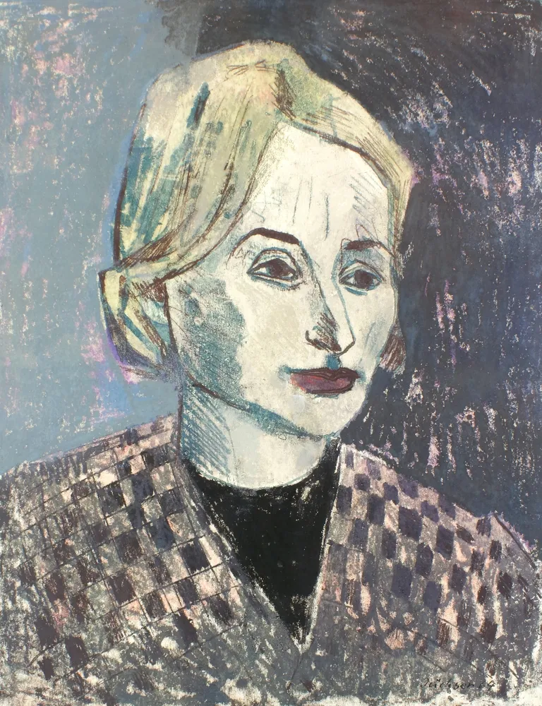 Jüchser, Hans (1894 Chemnitz - 1977 Drezno) – Portret młodej kobiety (Christiane Greifenhagen). 1964. Monotypia, na odwrocie z…