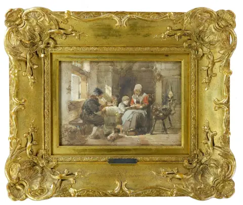 Kate, Herman Frederik Carlel ten (1822 La Haye - 1891 ibid.) – Intérieur de ferme avec rouet et une femme lisant à haute voix