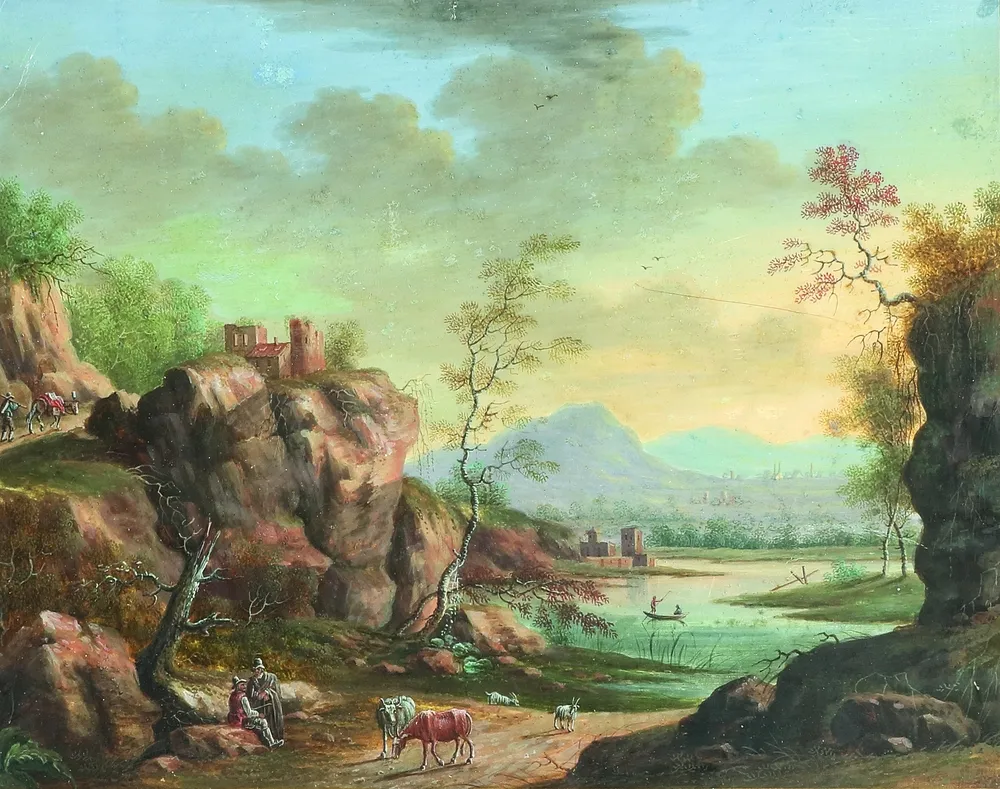 Landscape painter of the 18th century, probably German – Vast mountain landscape with lake, old buildings, figures and animals