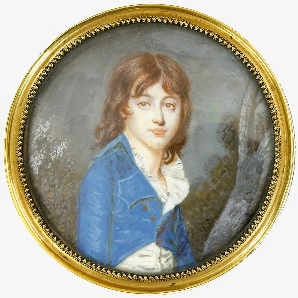 Miniatur, Périn-Salbreux, Lié Louis (1753 Reims, Frankreich - 1817 ebd.) – wohl Brustbild eines jungen Aristokraten in blauem Gehrock