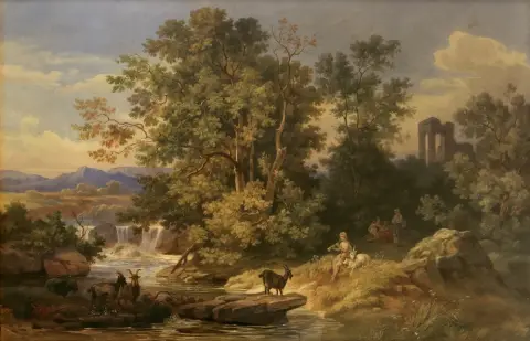 Stiegel, Eduard (1818 Kassel - 1879 ibid.) – Paysage romantique avec cascade, ruine, animaux et un garçon jouant de la flûte