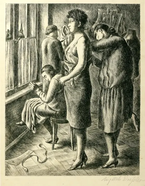 Dressler, August Wilhelm (1886 Bohême - 1970 Berlin) – Les couturières (1924). Eau-forte sur papier japonais fort, légèrement jauni