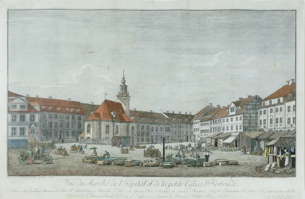Widok, Berlin, Rosenberg, 1783 Vue du Marché de l`Hopital et de la petite Eglise St. Gertrude