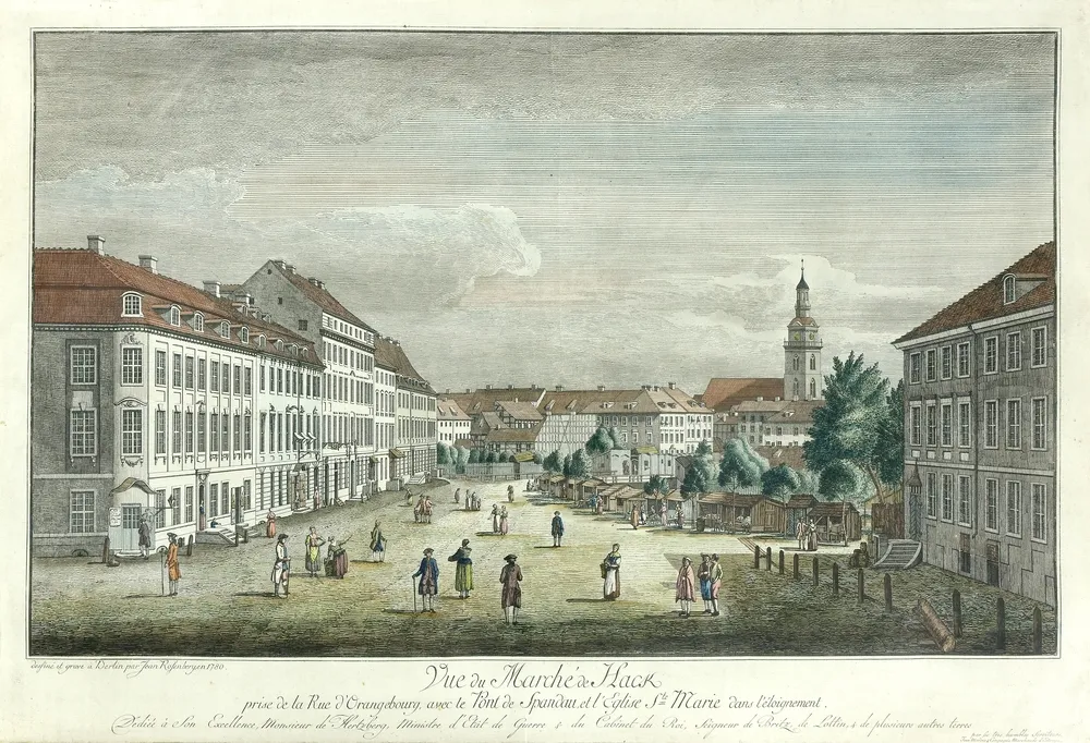 Widok, Berlin, Rosenberg, 1780 Vue du Marché de Hack prise de la Rue d`Orangebourg, avec le Pont de Spandau, et l`eglise St. Marie dans…