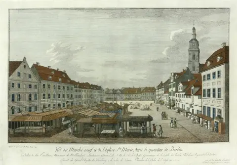 Gezicht, Berlijn, Rosenberg, 1785 Vue de Marché neuf, et de l`Eglise St. Marie, dans le quartier de Berlin