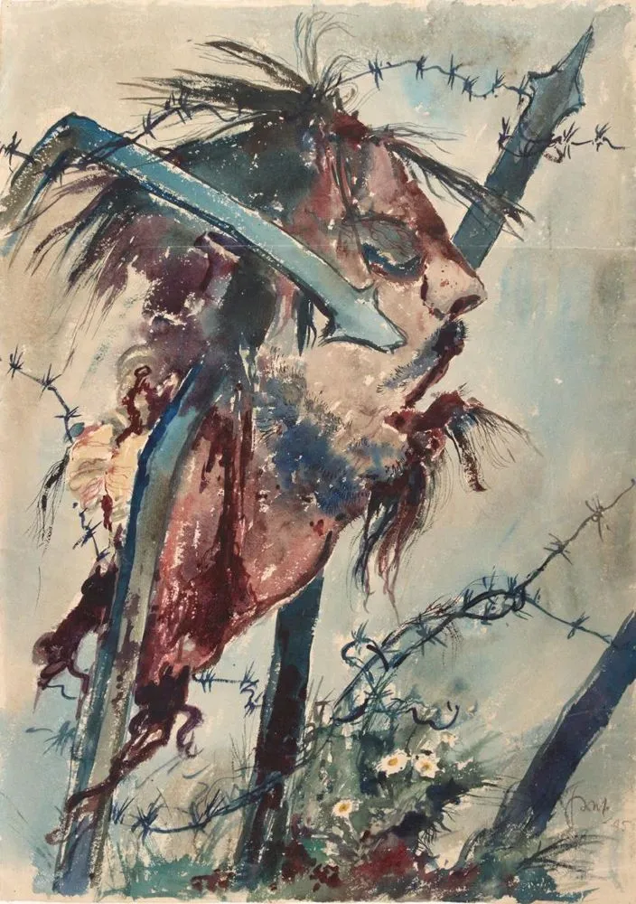 Unknown artist. – Head in barbed wire above daisies (1945)