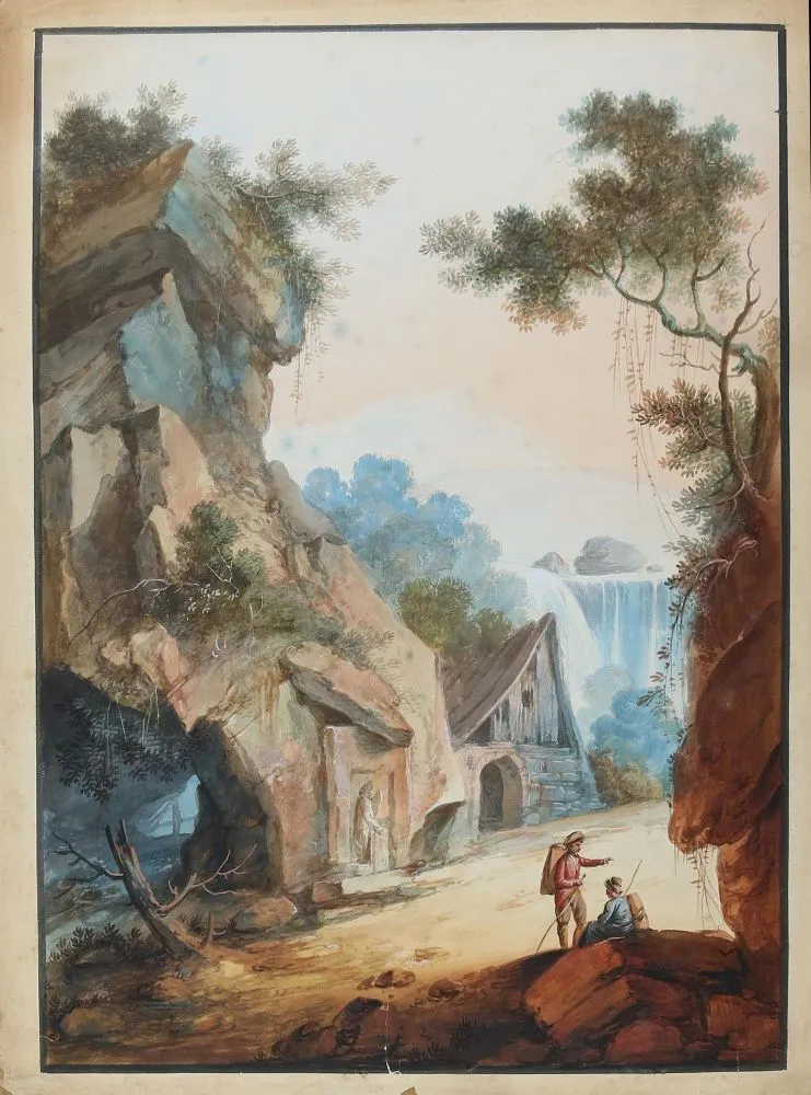 Wanderer – in einer Fantasielandschaft mit Bauernhaus und Wasserfall