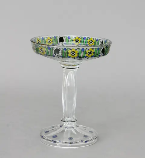 Coupe sur pied, Glasfachschule Steinschönau, début 20e s., verre incolore, soufflé au moule