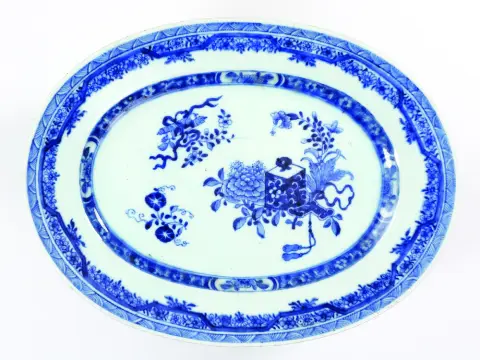 China, schaal, blauw-wit, Qianlong, 18e eeuw, ovale vorm