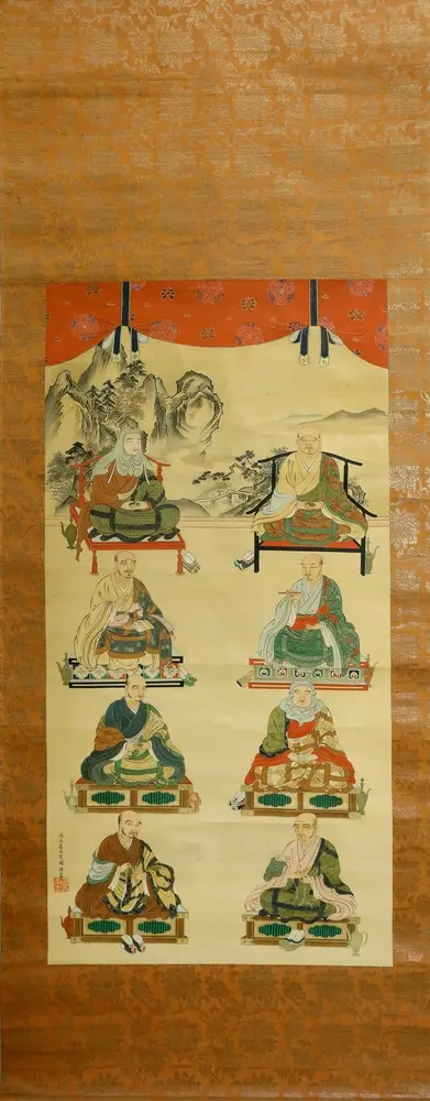China, rolschildering, 19e eeuw, boeddhistische scène Acht grote meesters