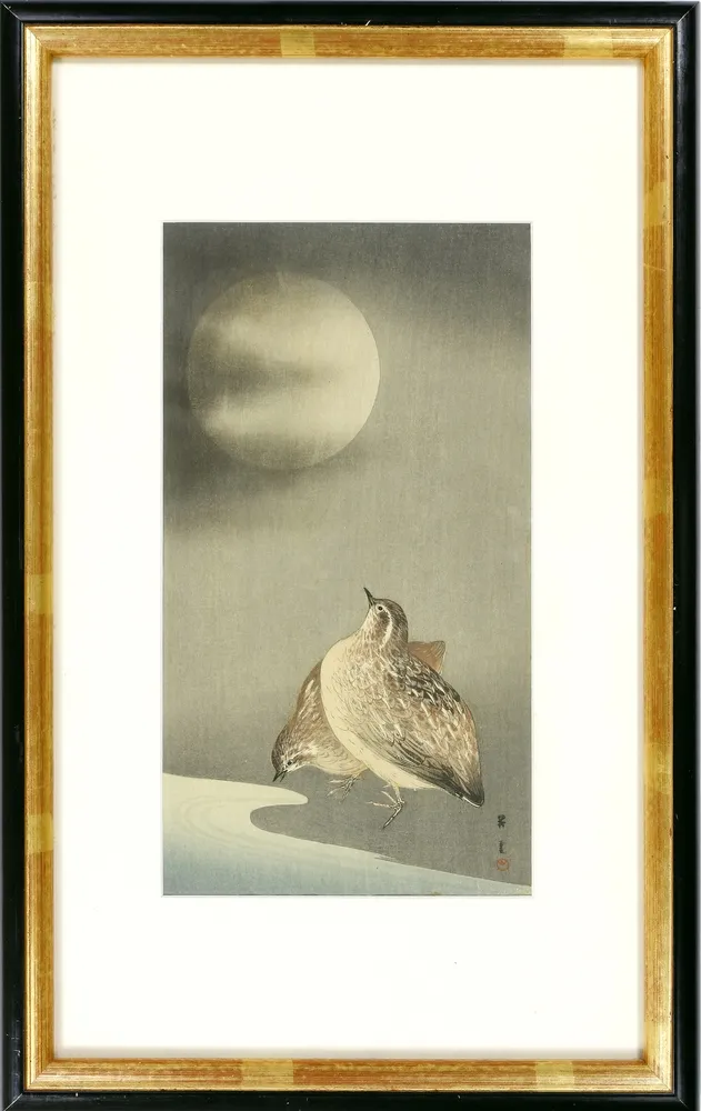 Japonský dřevořez, Koson Ohara (1877 Kanazawa - 1945 Tokio), 2 ks Dvě křepelky za úplňku; Dva letící vrabci