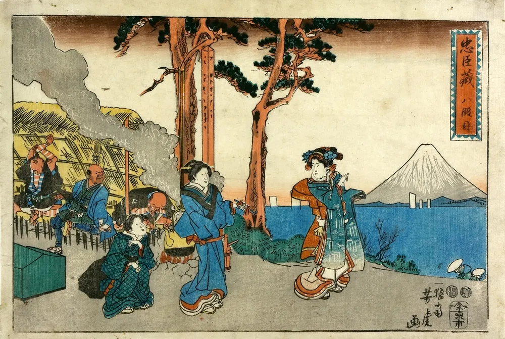 Japanse houtsnede, Yoshitora, Utagawa (actief 1836 - 1882) – Elegante vrouwen aan de oever, op de achtergrond de Fuji