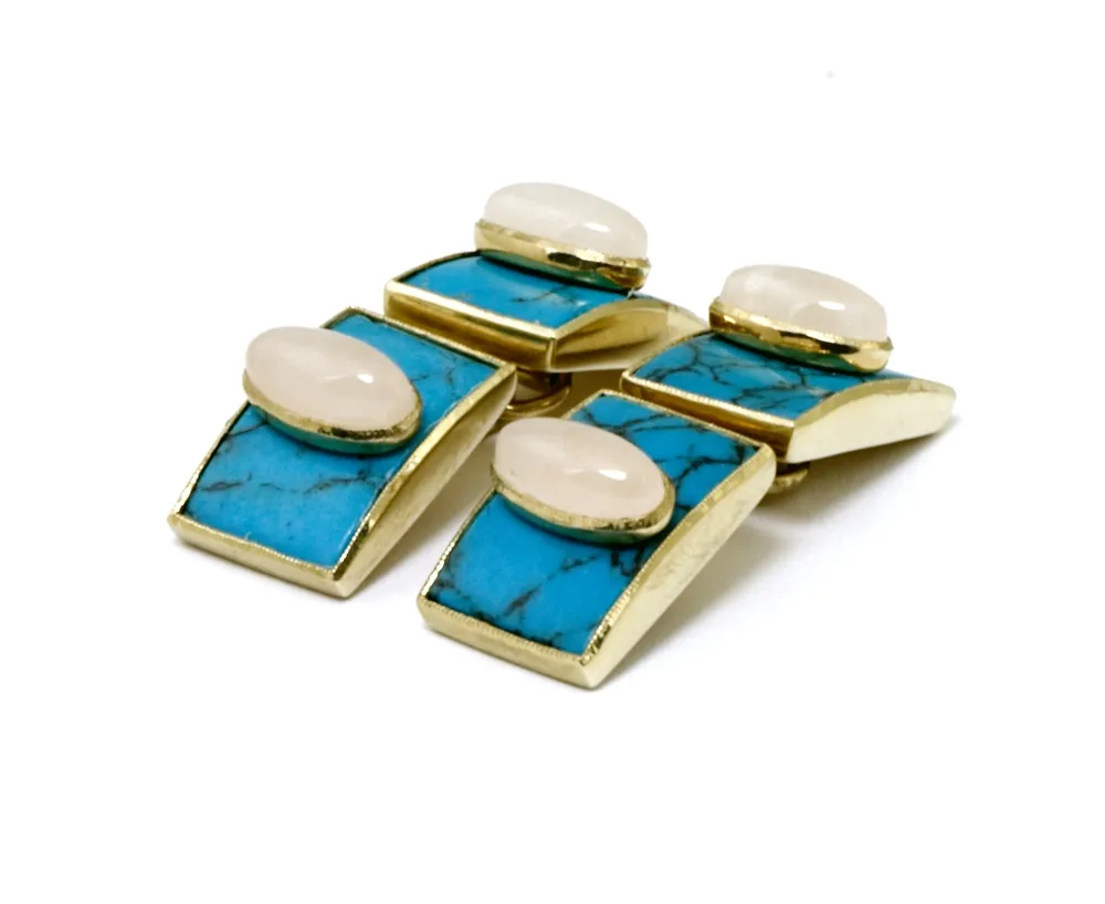 Cufflinks, 750 yellow gold assembly with turquoises, moonstone, one pair, gross weight approx. 15.3 g.