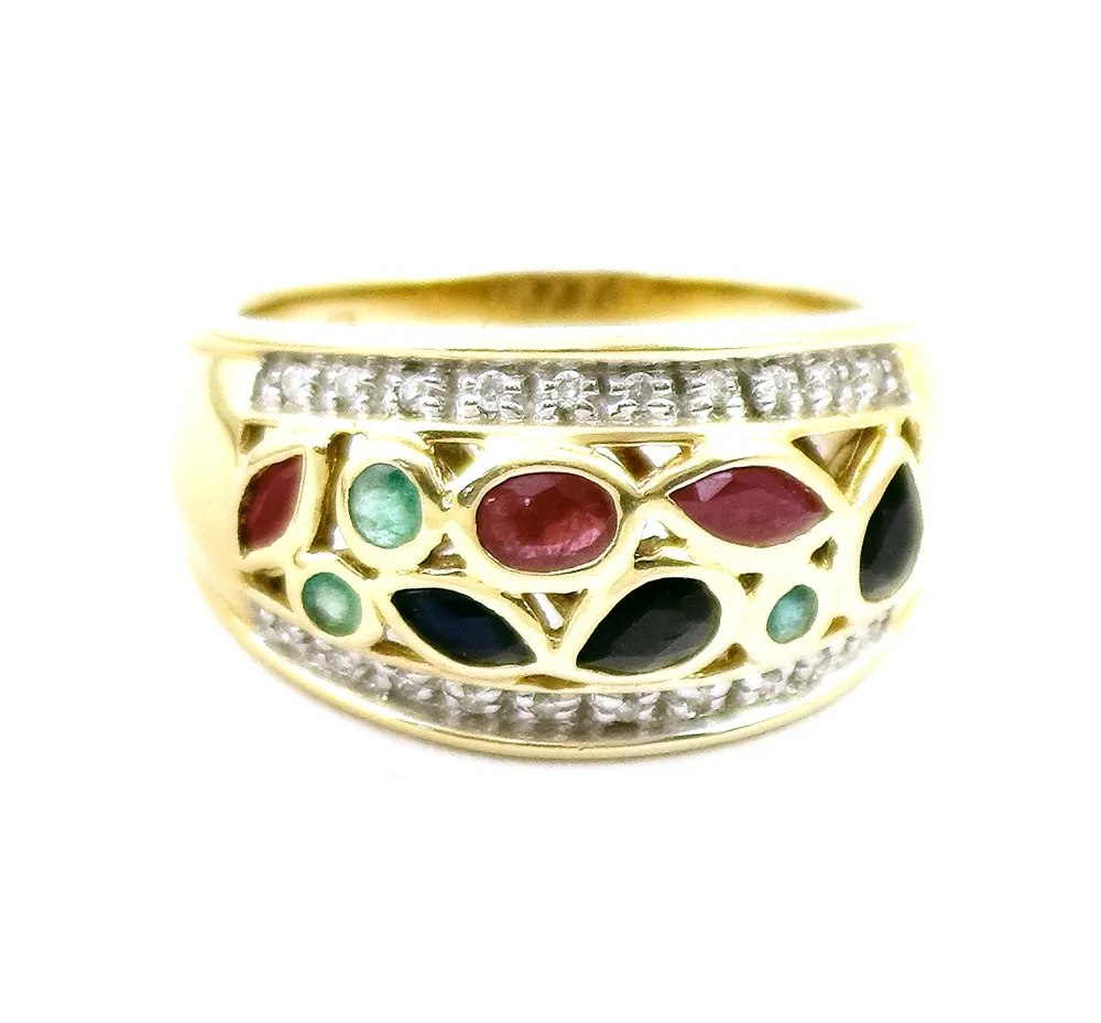 Ring, 585 GG., mit vielen kleinen Farbsteinen und Diamantrosen