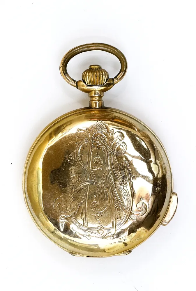 Zakhorloge, drie deksels 585 geelgoud kwartierrepeteer