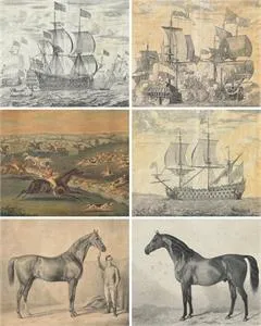 6 lithographies avec navires et chevaux