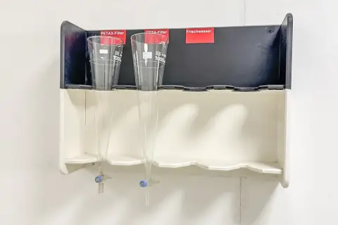 2 laboratory glass funnels with holder